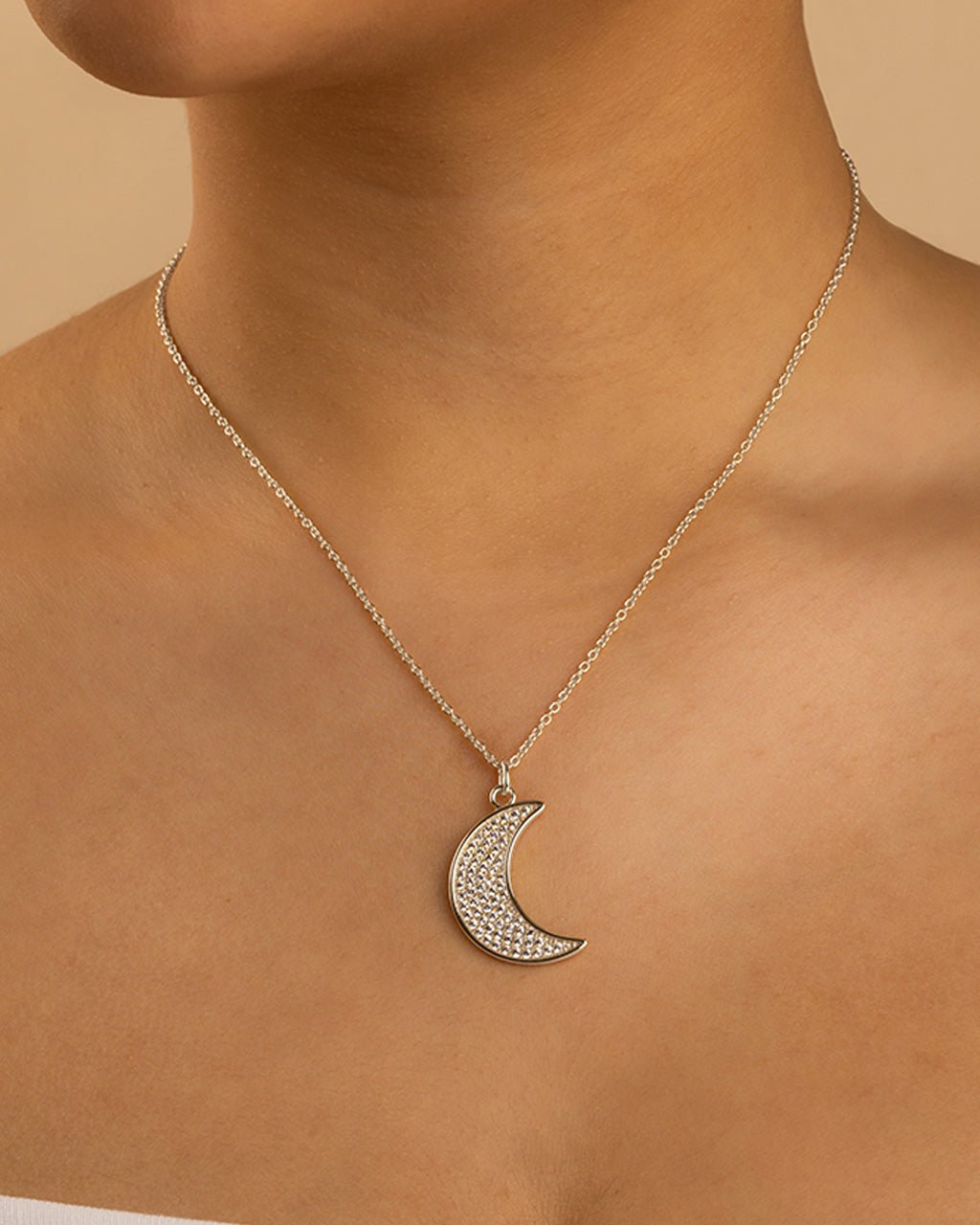 Pavé CZ Crescent Moon Pendant Necklace – 14K Gold Plated