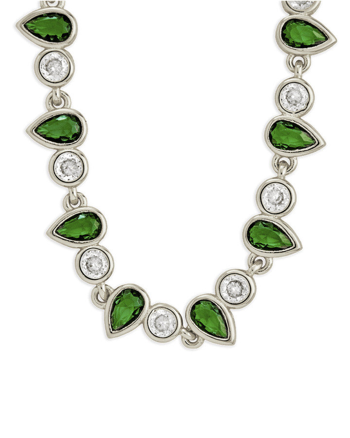 Emerald Pear & Round Cut Bezel CZ Tennis Necklace – 14K Gold Plated