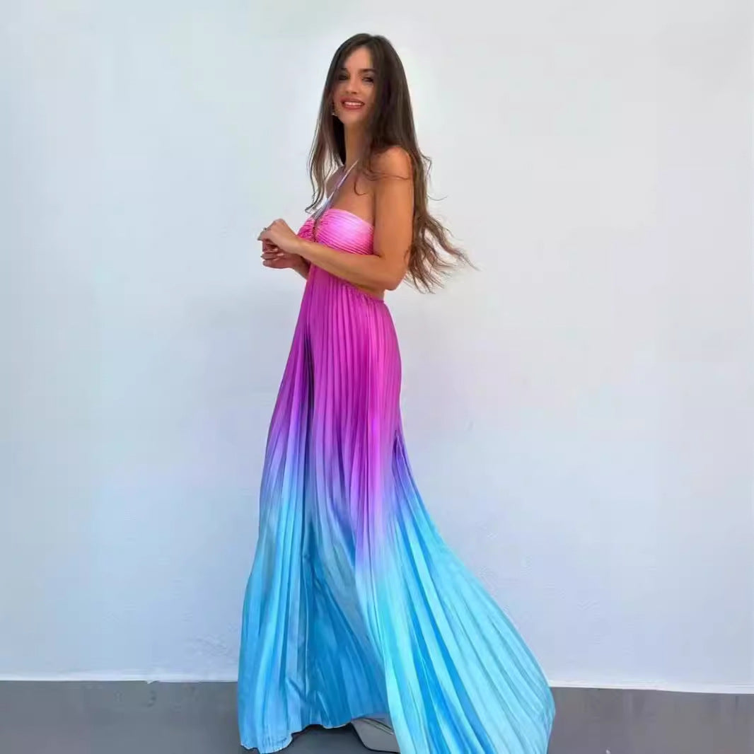 Summer Gradient Halter Pleated Maxi Dress