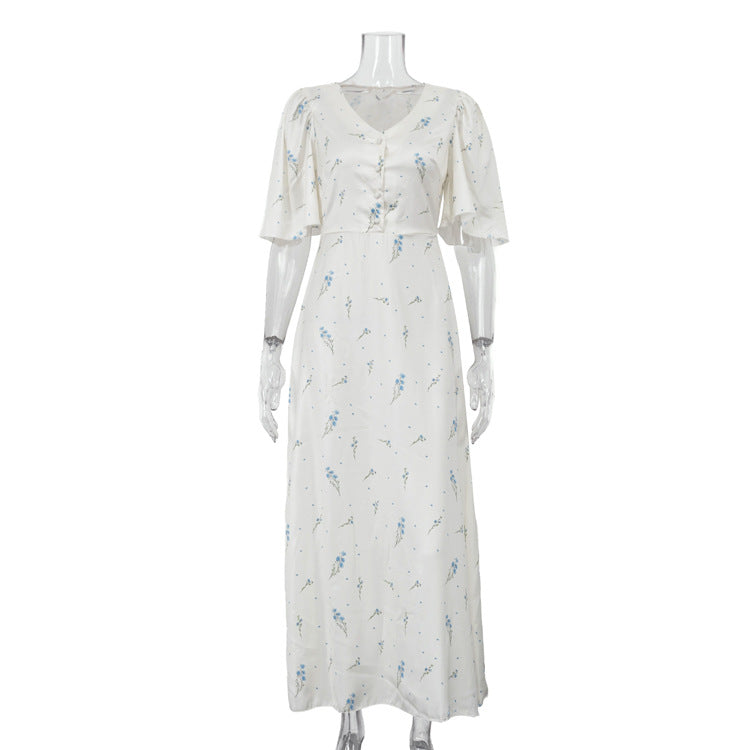 French Floral Satin V-Neck Maxi Dress