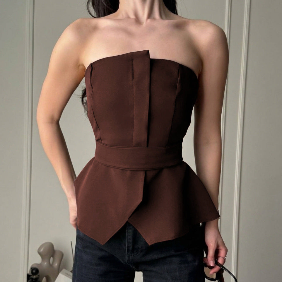 Summer Slim Fit Tied Waist Tube Top Fashionable with Side Slit Vest