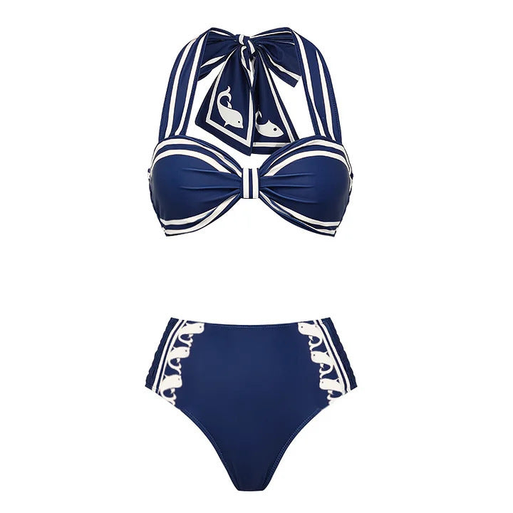 Women's Navy Halter One-Piece Swimsuit – Classic Beach Swimwear