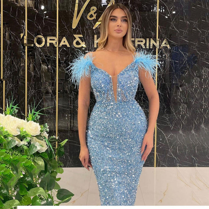 Women’s Deep-V Sequin and Feather Evening Dress