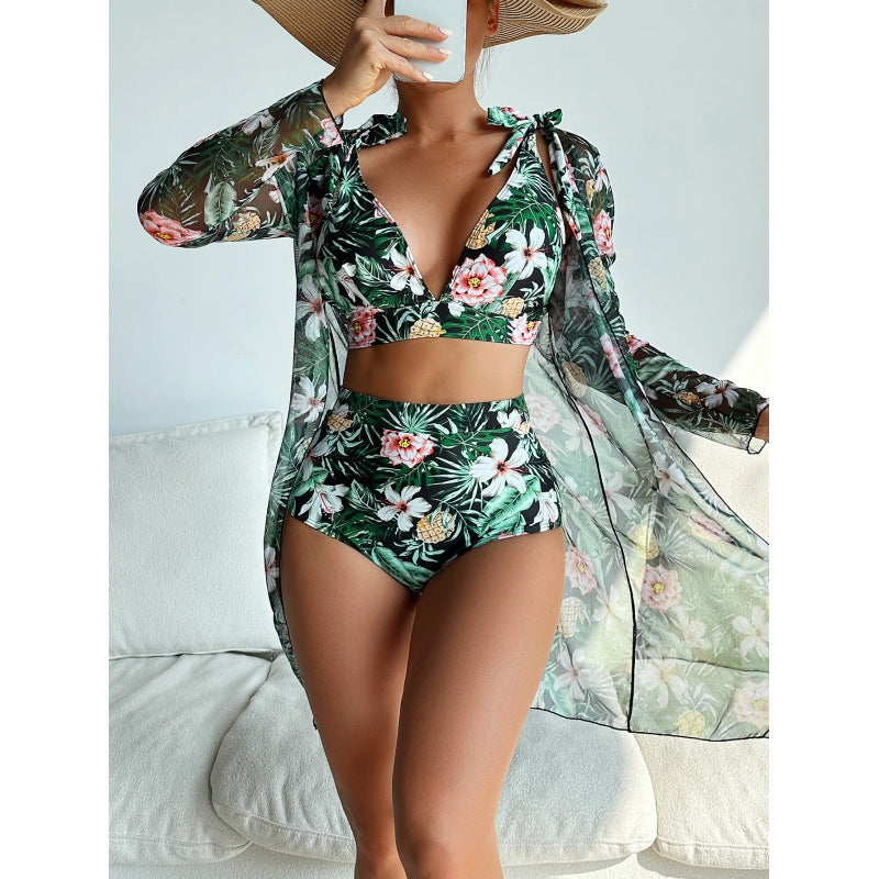 Women's 3-Piece Long Sleeve Printed Bikini Swimsuit Set