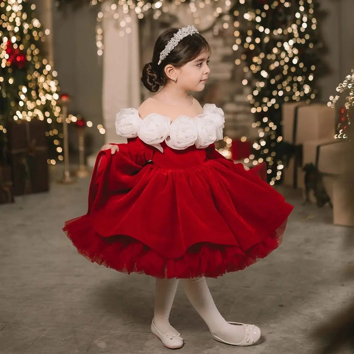 Girls’ Red Christmas Princess Dress – Retro Long-Sleeve Holiday Gown