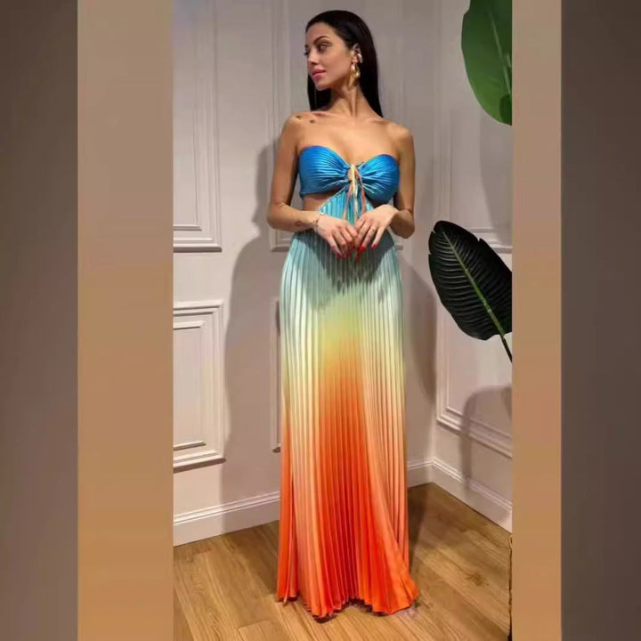 Summer Gradient Halter Pleated Maxi Dress