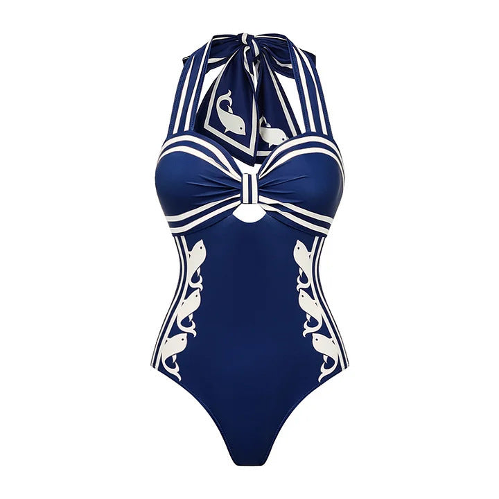 Women's Navy Halter One-Piece Swimsuit – Classic Beach Swimwear