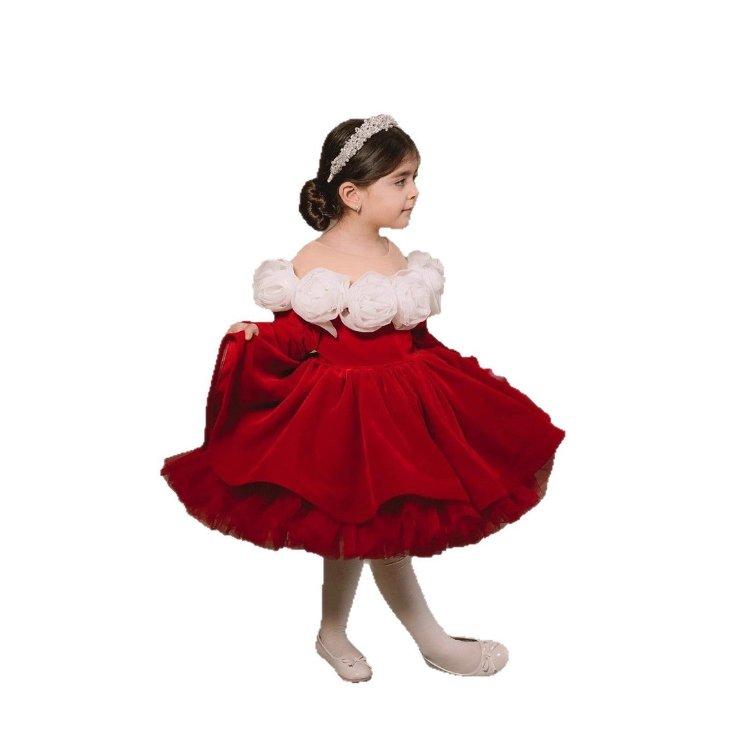 Girls’ Red Christmas Princess Dress – Retro Long-Sleeve Holiday Gown