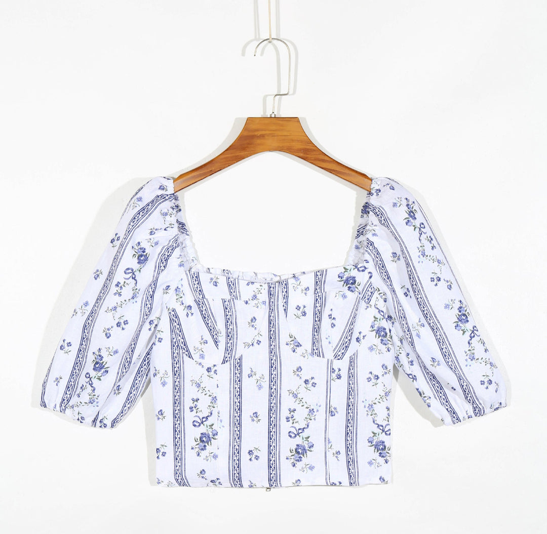 Summer Wind Women Blue Striped Short Sleeve Printed Shirt
