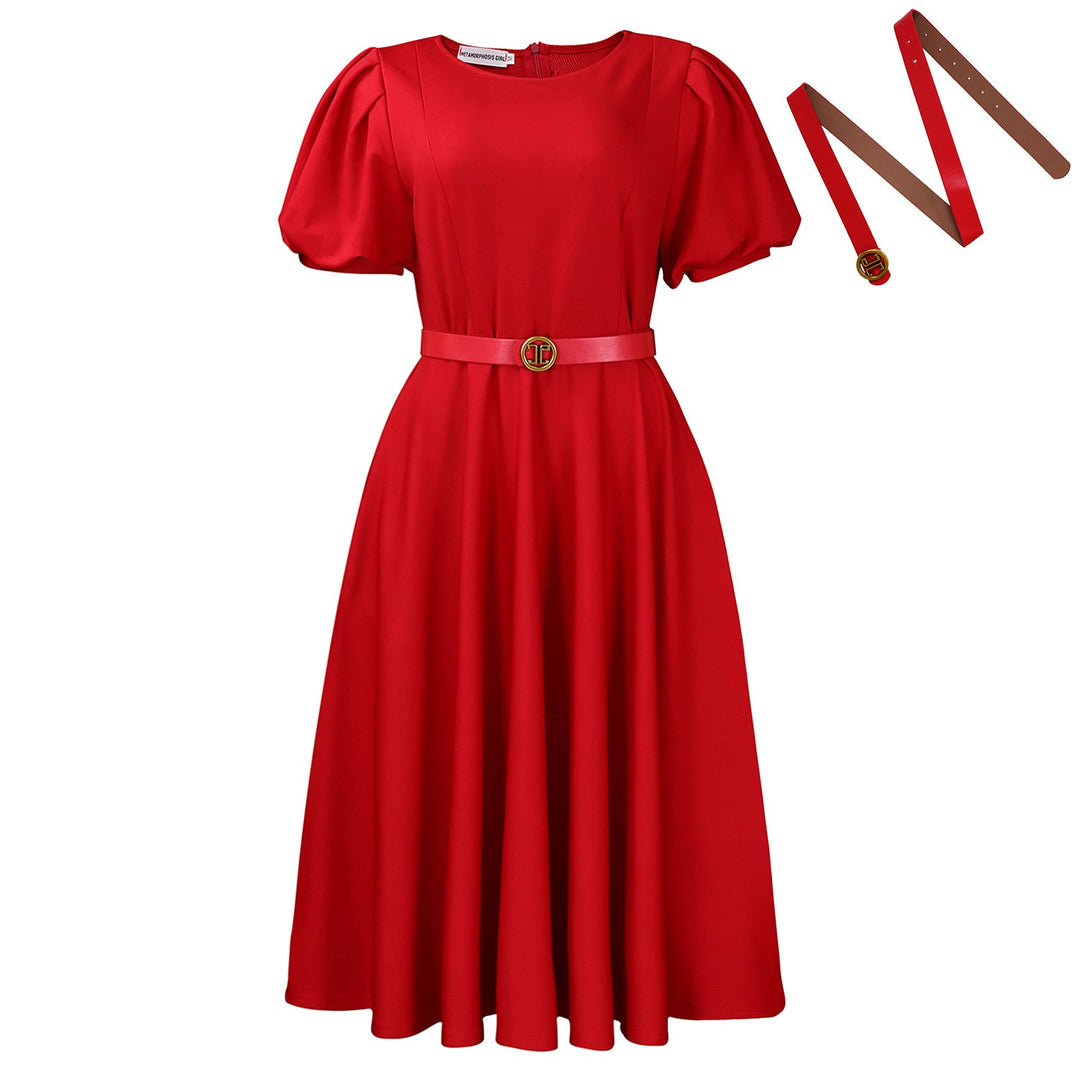Women's Puff Sleeve High-Waist Dress – Round Neck Casual Midi Dress