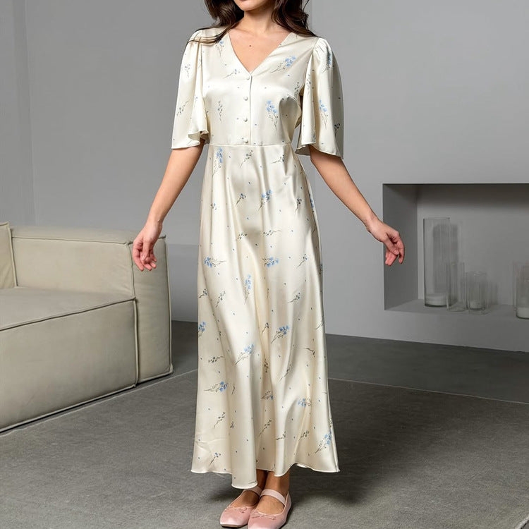French Floral Satin V-Neck Maxi Dress