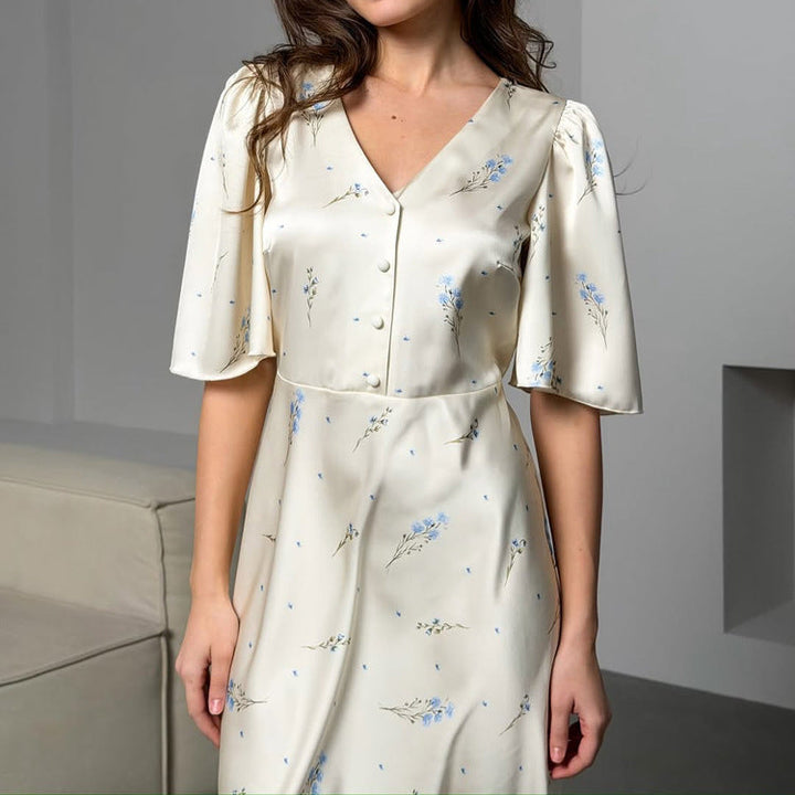 French Floral Satin V-Neck Maxi Dress