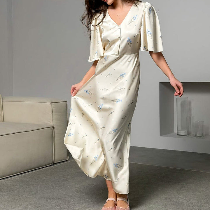 French Floral Satin V-Neck Maxi Dress