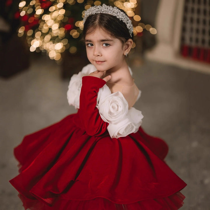 Girls’ Red Christmas Princess Dress – Retro Long-Sleeve Holiday Gown