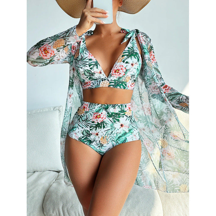 Women's 3-Piece Long Sleeve Printed Bikini Swimsuit Set