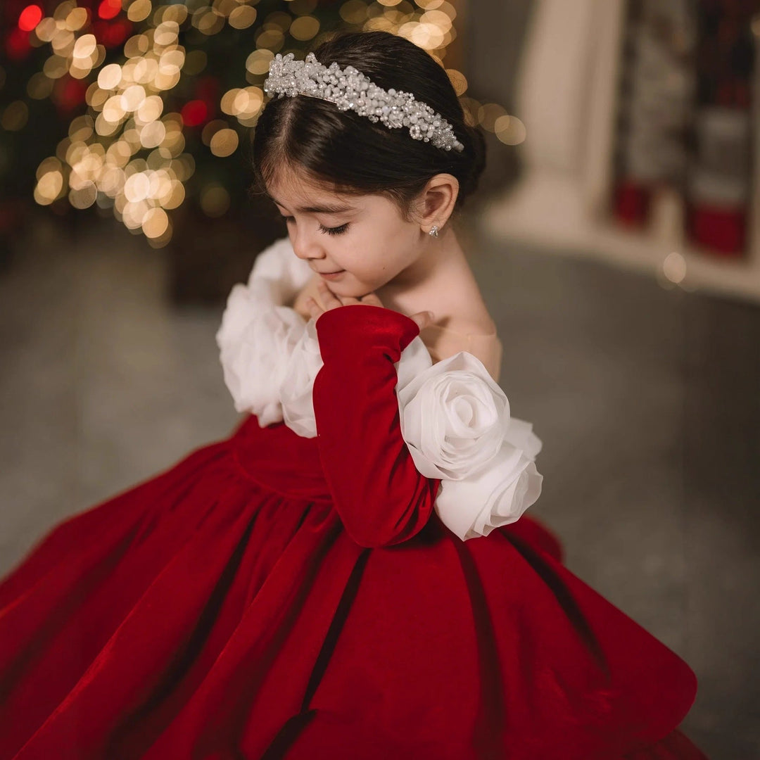 Girls’ Red Christmas Princess Dress – Retro Long-Sleeve Holiday Gown