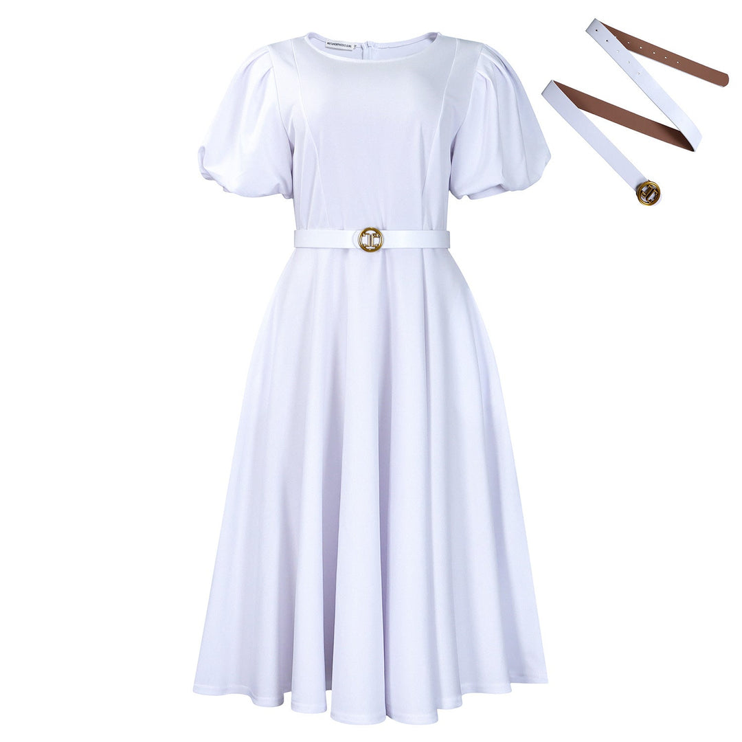 Women's Puff Sleeve High-Waist Dress – Round Neck Casual Midi Dress