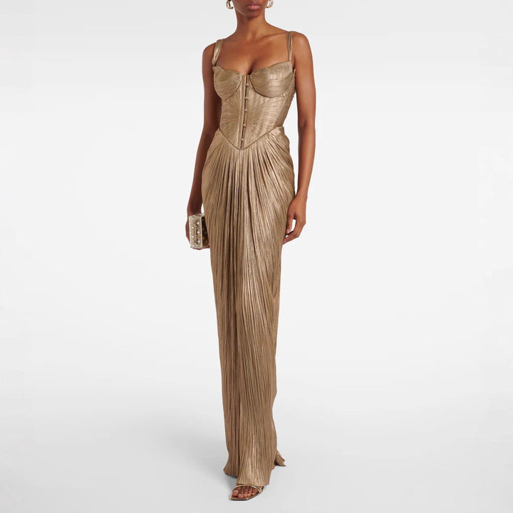 Women's Pleated Lace-Up Maxi Dress – Metallic Accent Side Slit Party Dress