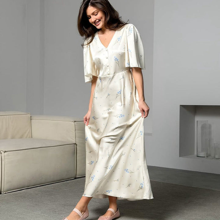 French Floral Satin V-Neck Maxi Dress