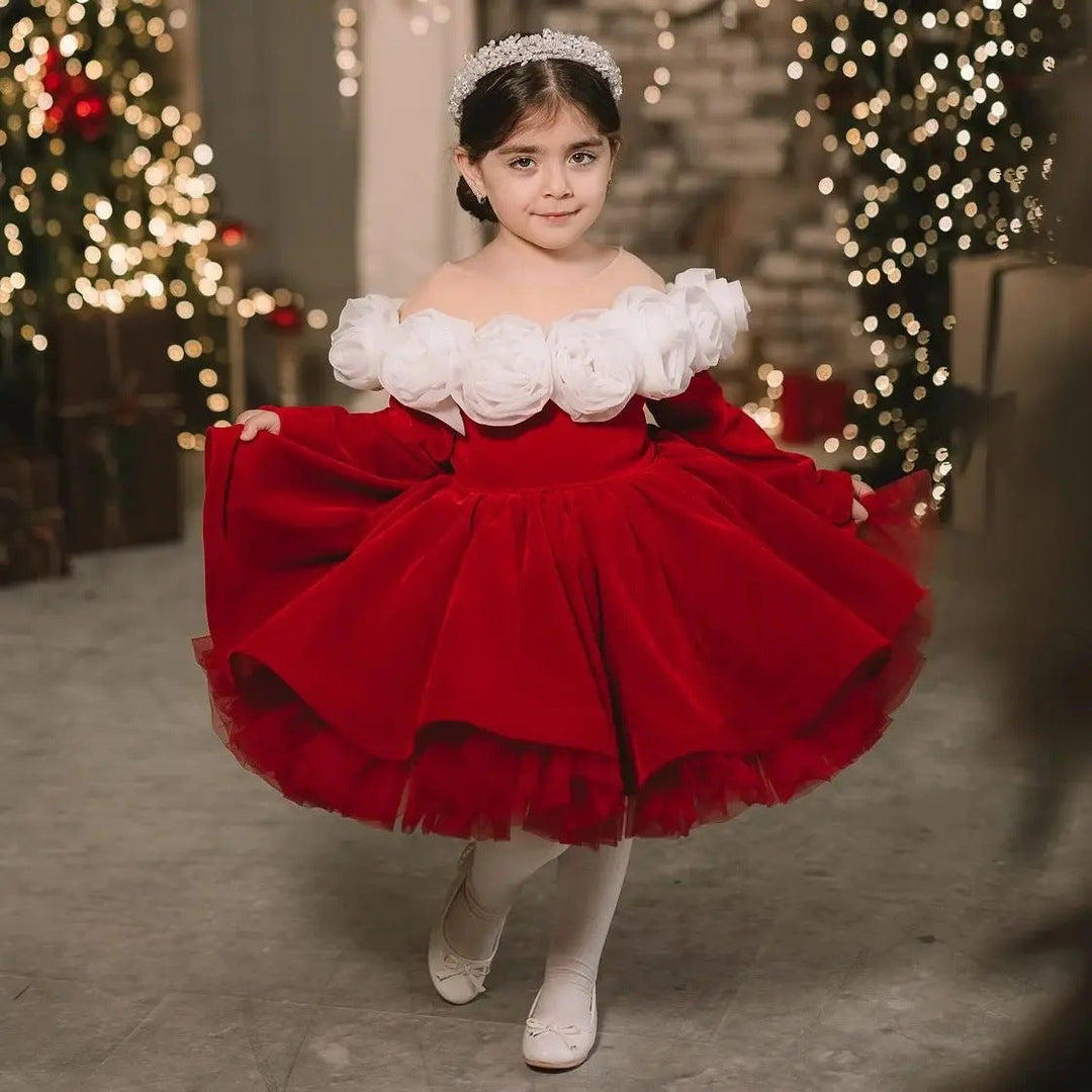 Girls’ Red Christmas Princess Dress – Retro Long-Sleeve Holiday Gown
