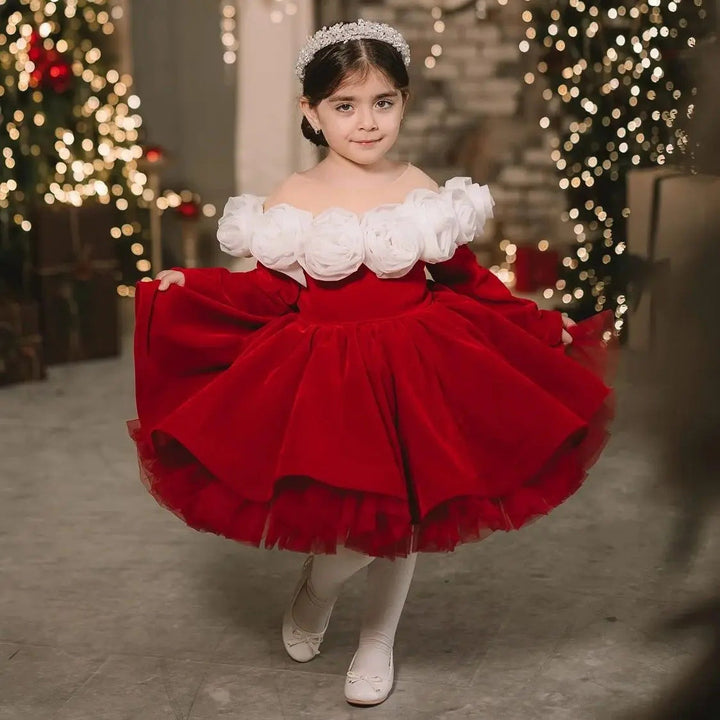 Girls’ Red Christmas Princess Dress – Retro Long-Sleeve Holiday Gown