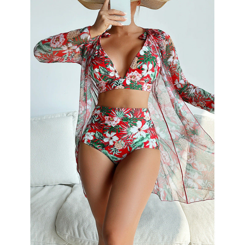 Women's 3-Piece Long Sleeve Printed Bikini Swimsuit Set
