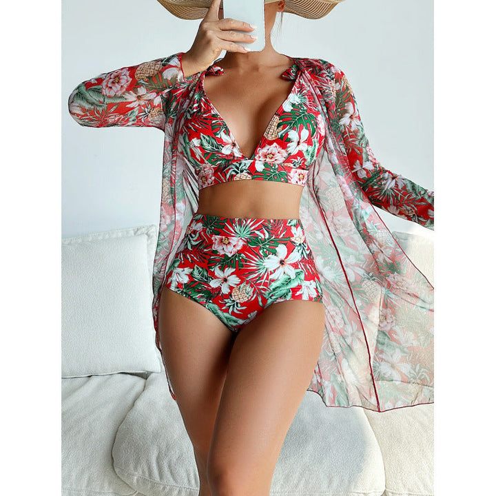 Women's 3-Piece Long Sleeve Printed Bikini Swimsuit Set