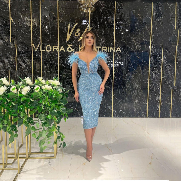 Women’s Deep-V Sequin and Feather Evening Dress