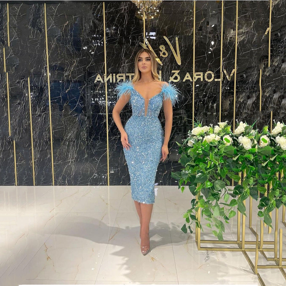 Women’s Deep-V Sequin and Feather Evening Dress
