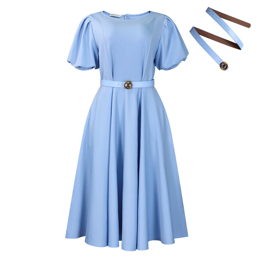 Women's Puff Sleeve High-Waist Dress – Round Neck Casual Midi Dress