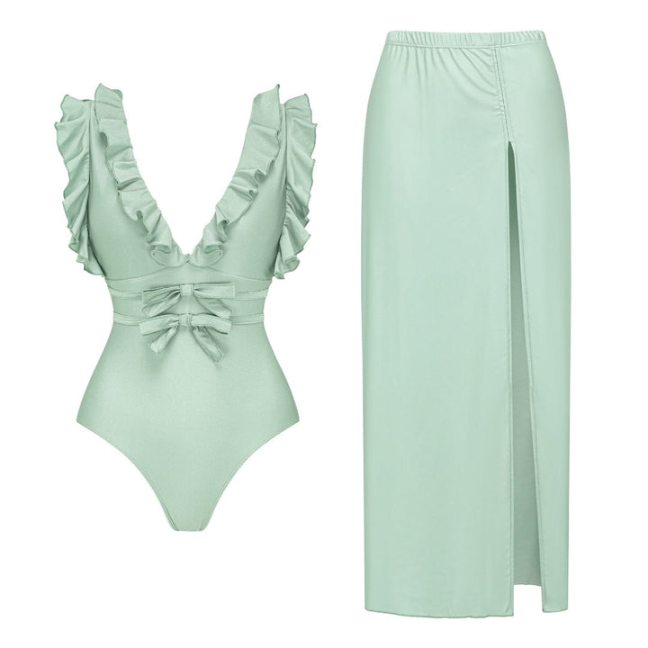 Women's Bow Accent One-Piece Swimsuit – Elegant Solid Color Swimwear