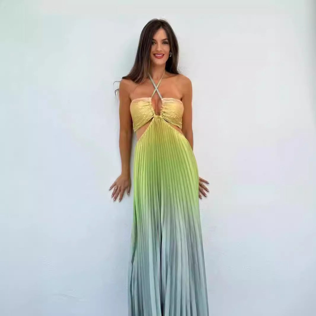 Summer Gradient Halter Pleated Maxi Dress