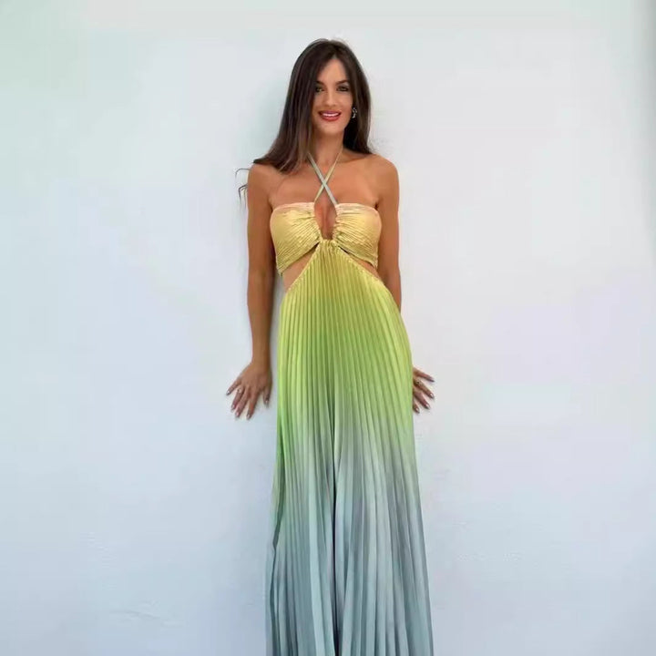 Summer Gradient Halter Pleated Maxi Dress