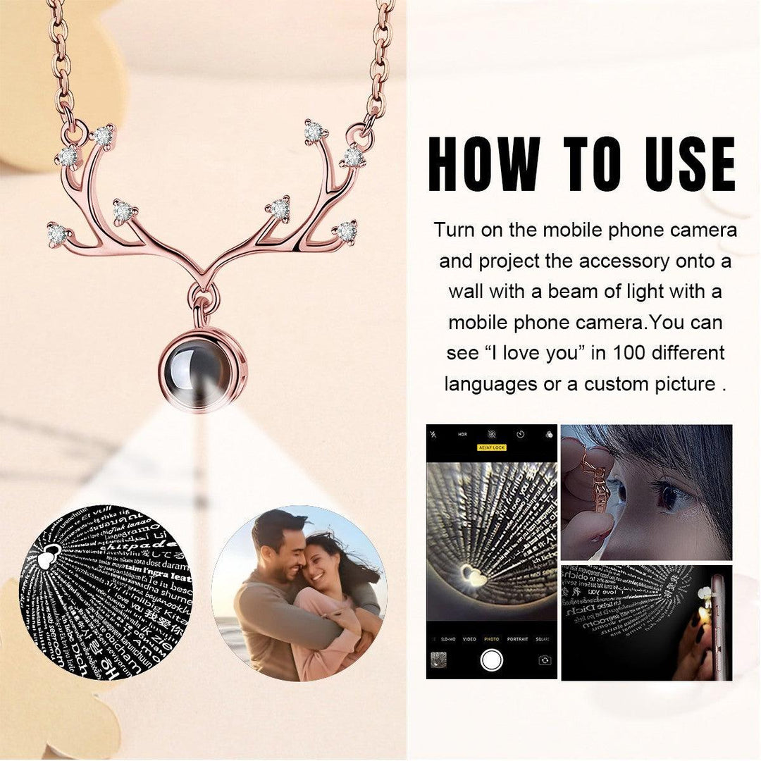 Custom Photo Projection Antler Necklace with Message