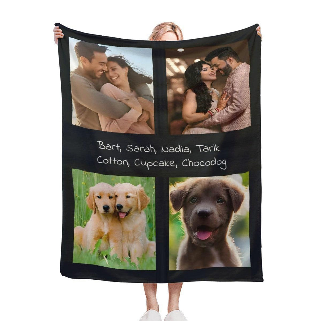 Custom Photo Collage Throw Blanket with Names - Upload 4 Photos