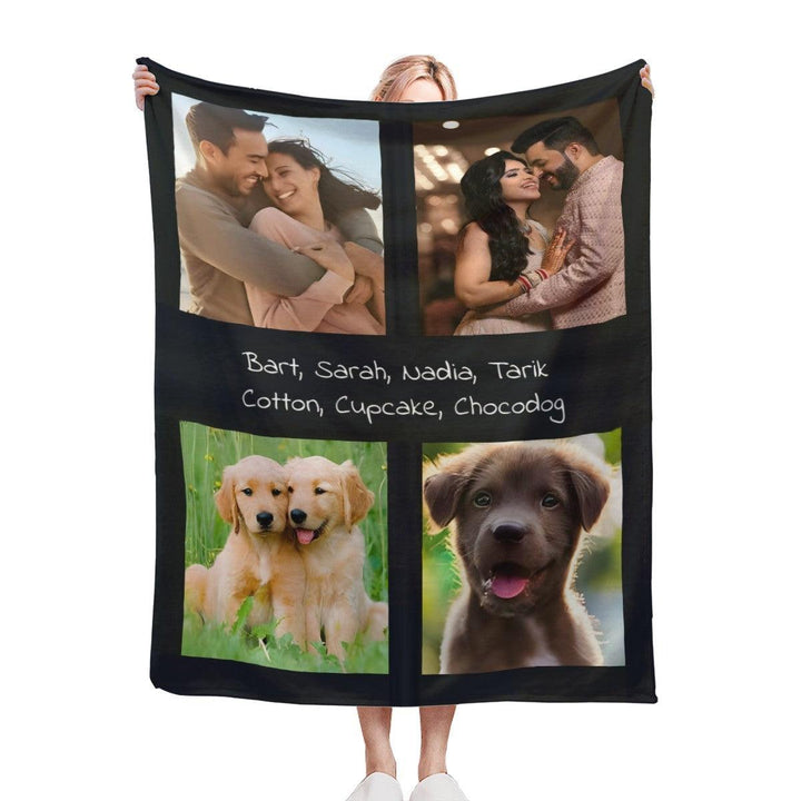 Custom Photo Collage Throw Blanket with Names - Upload 4 Photos