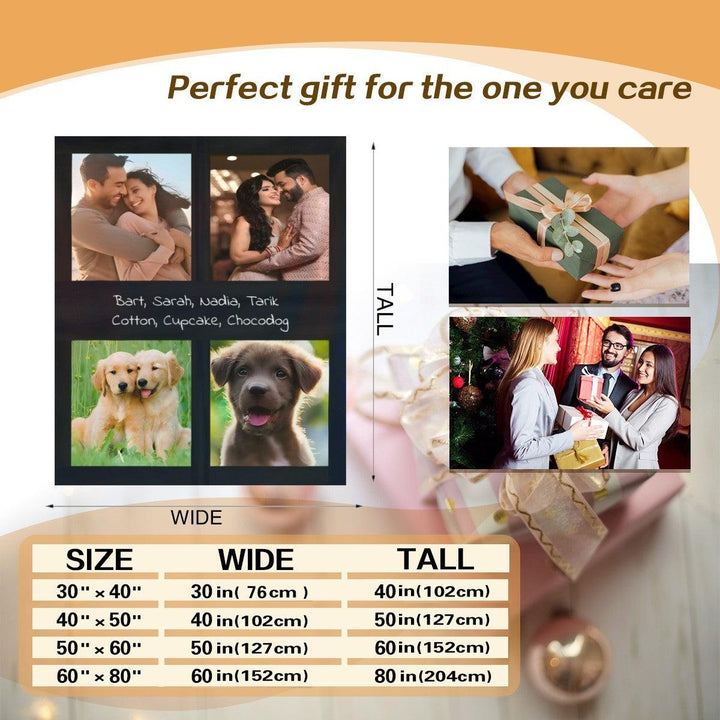 Custom Photo Collage Throw Blanket with Names - Upload 4 Photos