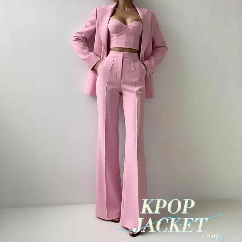 Women’s Corset Pantsuit 3-Piece Set – Blazer, Bustier & Straight-Leg Pants