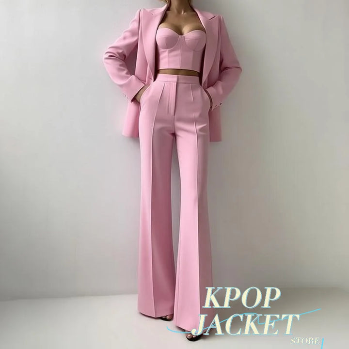 Women’s Corset Pantsuit 3-Piece Set – Blazer, Bustier & Straight-Leg Pants