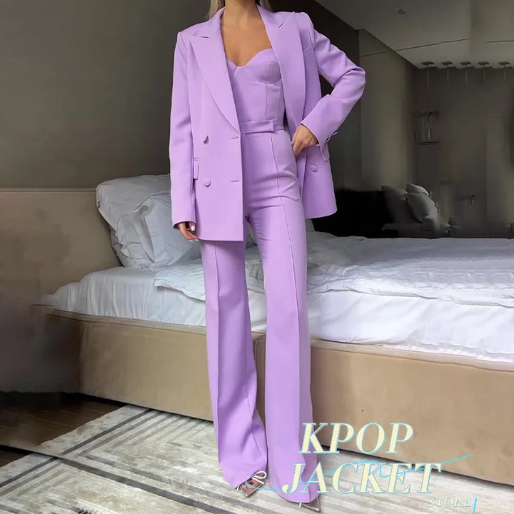 Women’s Corset Pantsuit 3-Piece Set – Blazer, Bustier & Straight-Leg Pants