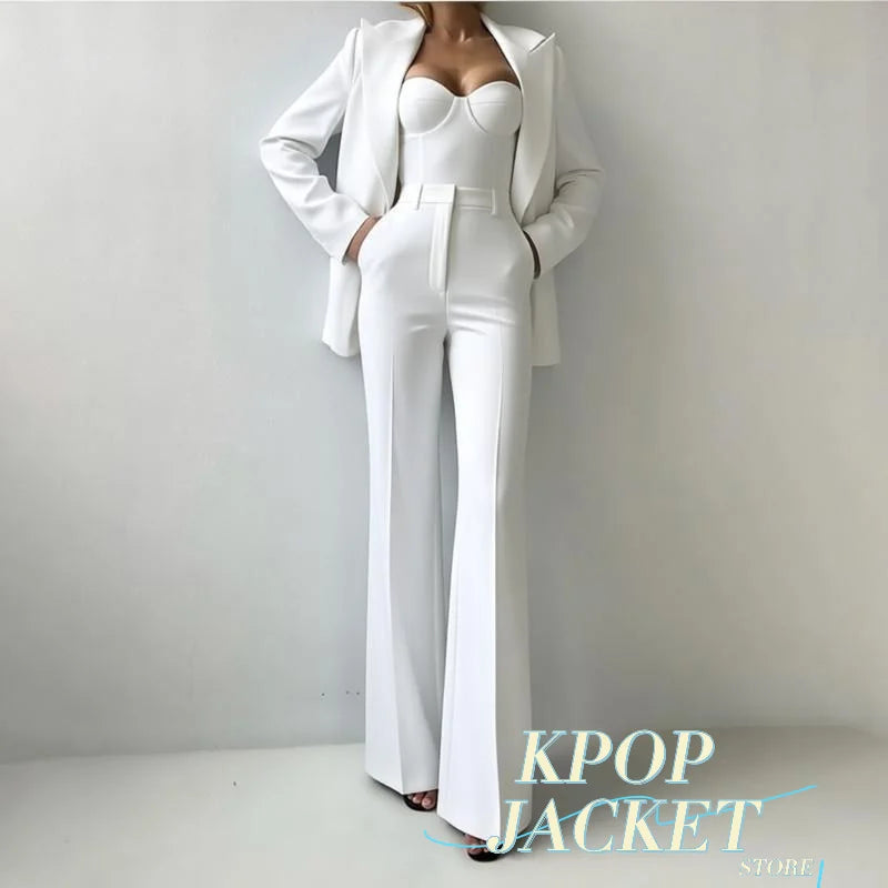 Women’s Corset Pantsuit 3-Piece Set – Blazer, Bustier & Straight-Leg Pants