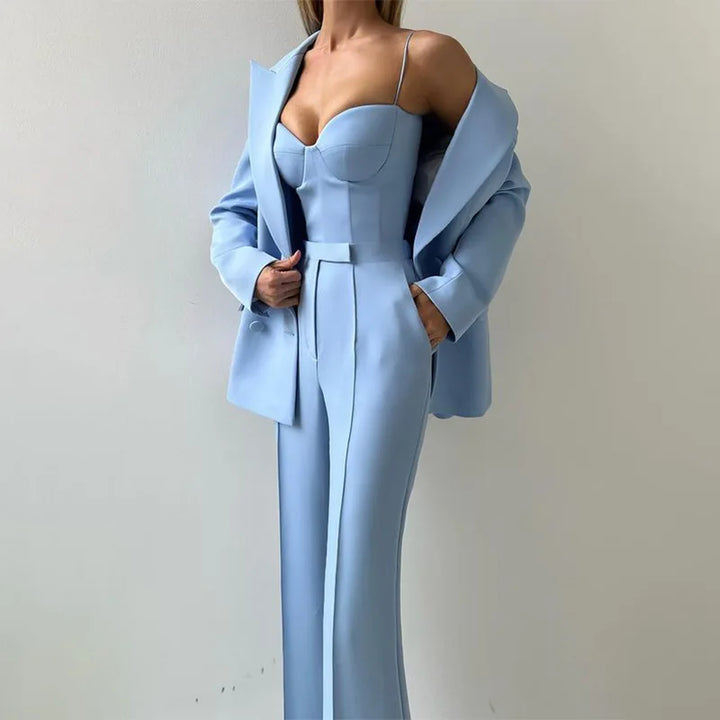 Women’s Corset Pantsuit 3-Piece Set – Blazer, Bustier & Straight-Leg Pants
