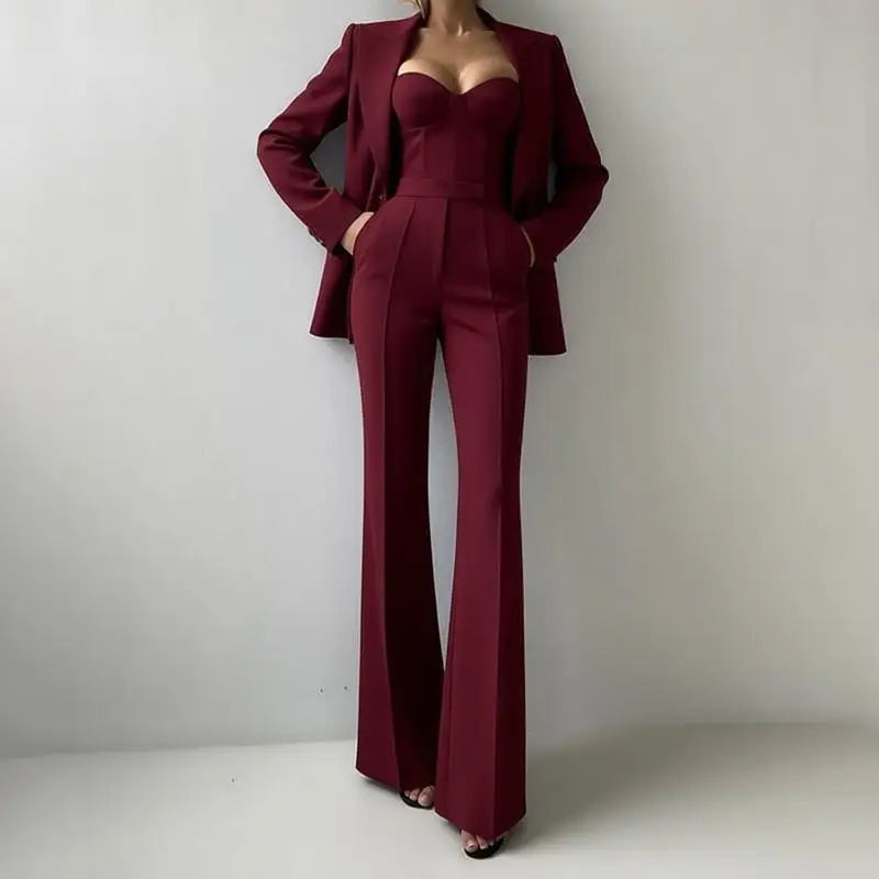 Women’s Corset Pantsuit 3-Piece Set – Blazer, Bustier & Straight-Leg Pants
