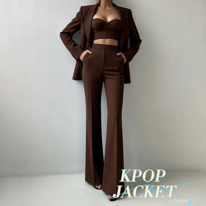 Women’s Corset Pantsuit 3-Piece Set – Blazer, Bustier & Straight-Leg Pants