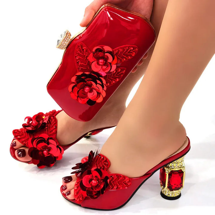 Italian Shoes & Matching Bag Set with Stones – Elegant Women's Dress Collection