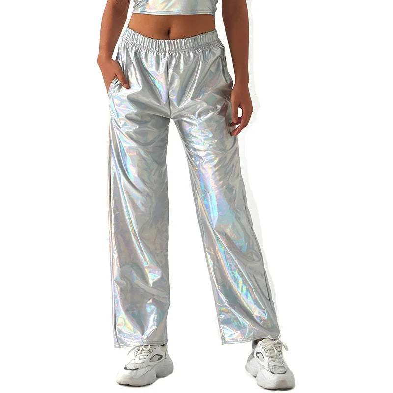 Women’s Holographic High-Waist Straight-Leg Pants