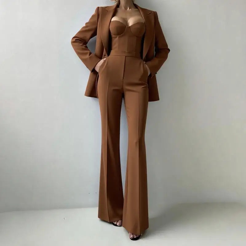 Women’s Corset Pantsuit 3-Piece Set – Blazer, Bustier & Straight-Leg Pants