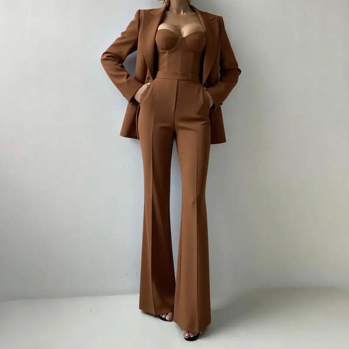 Women’s Corset Pantsuit 3-Piece Set – Blazer, Bustier & Straight-Leg Pants