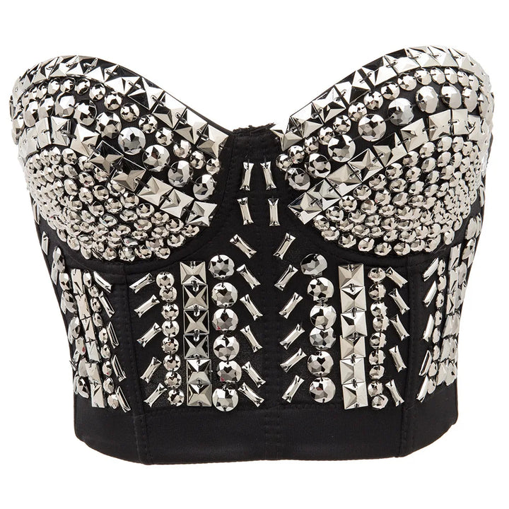 Women’s Grey Beaded Gem Bralette – Luxury Rave & Dance Top