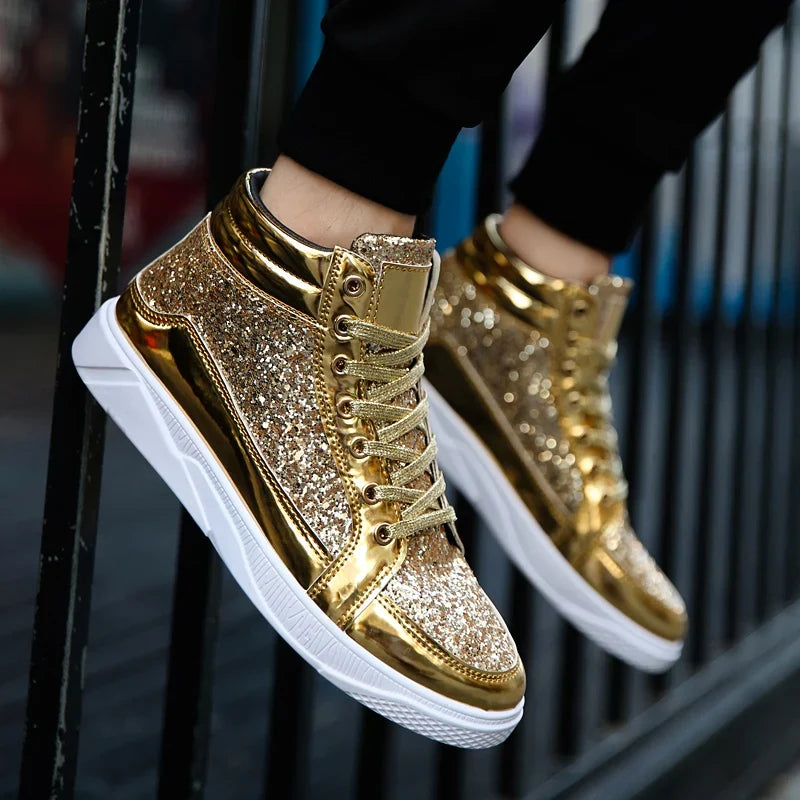 Men’s Glitter High-Top Sneakers – Shiny Party & Stage Shoes